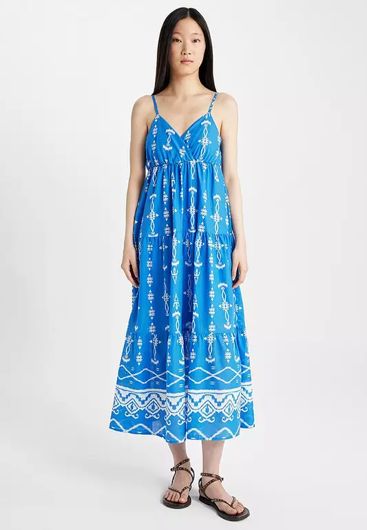 V-Neck Patterned Midi Dress