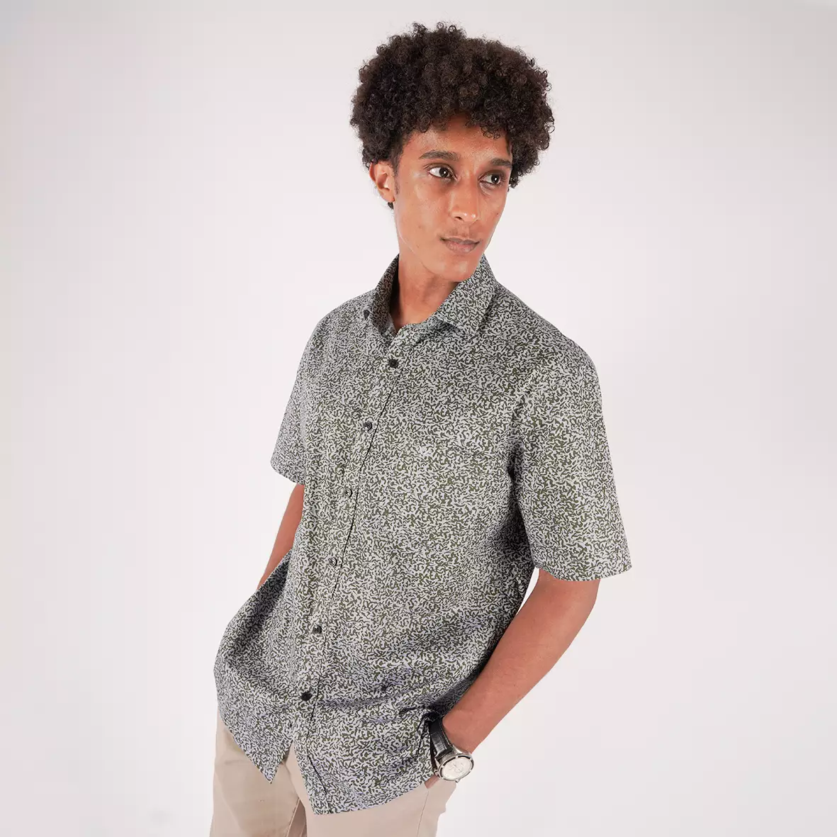 Kemeja Lengan Pendek Ethan White Print Olabri Grey