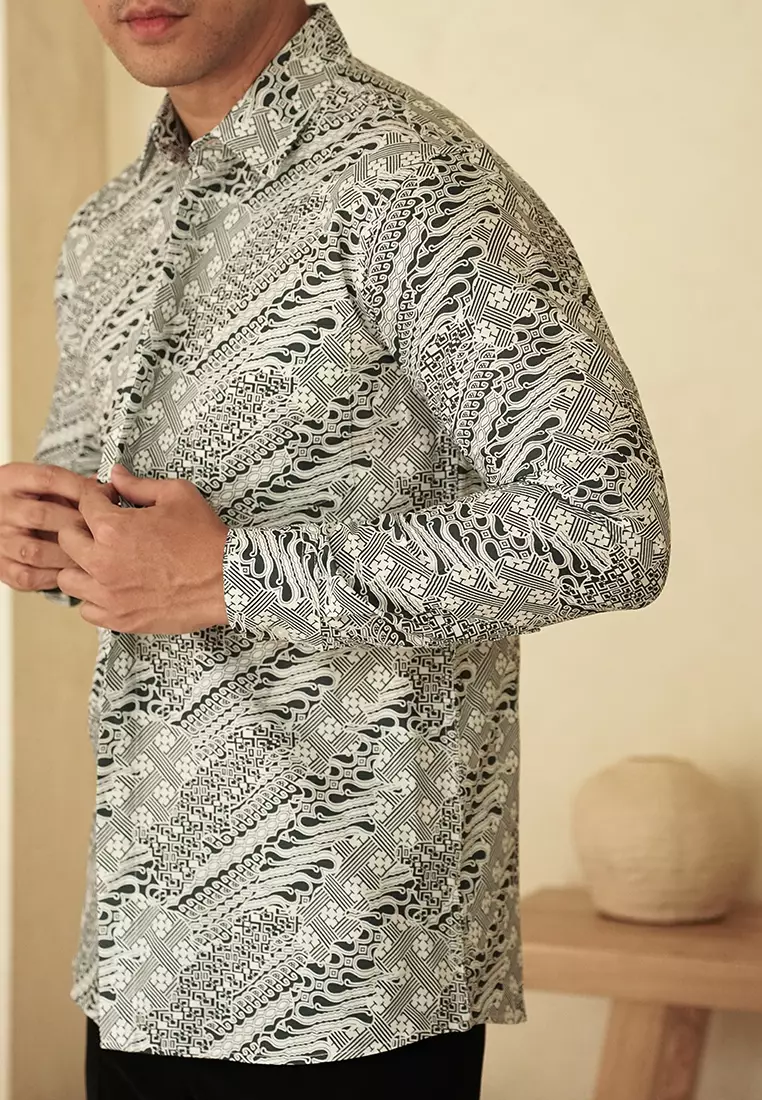 Slimfit Jeeva Dark Grey Kemeja Batik Pria Lengan Panjang