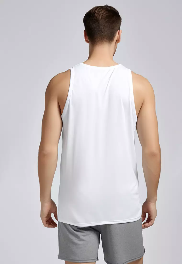 MSA79 kaos lari pria kutung tank top nanoamid stretch "never stop" putih