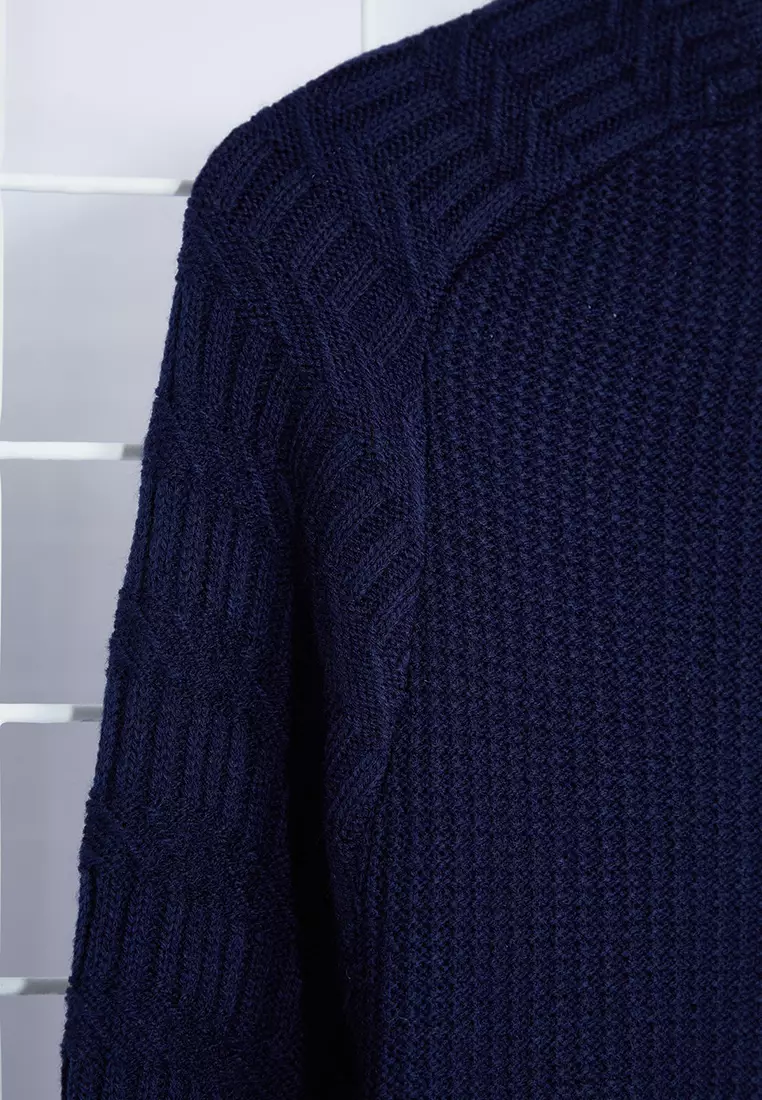 Navy Blue Slim Fit Crew Neck Textured Knitwear Sweater TMNAW22KZ0380
