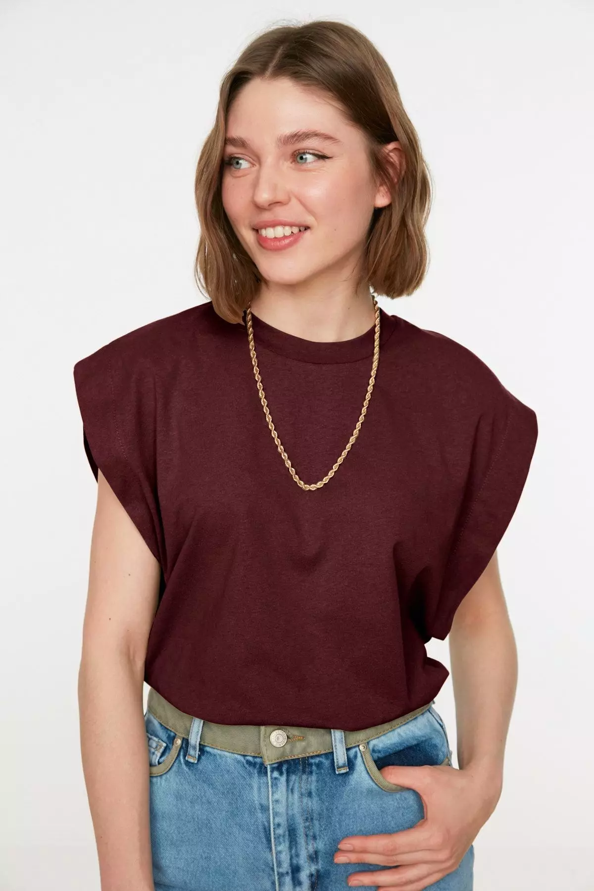 Claret Red 100% Cotton Padded Look Basic Crew Neck Knitted T-Shirt TWOSS20TS0021