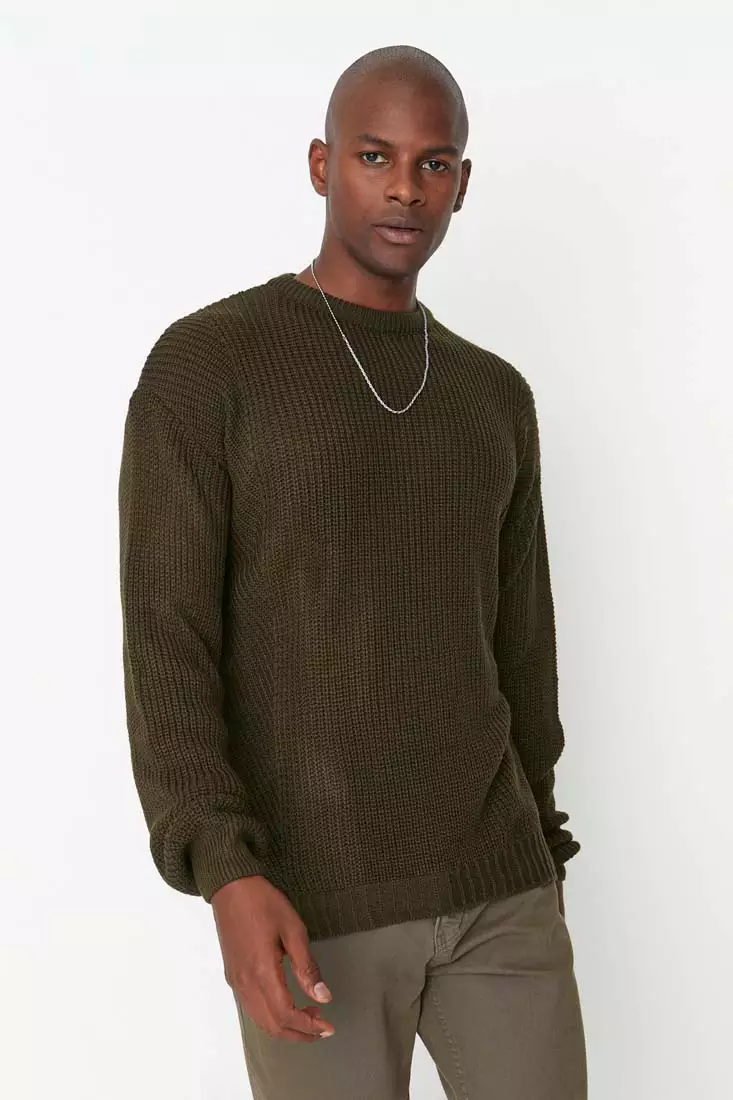 Khaki Men's Oversize Fit Wide Fit Crew Neck Slit Knitwear Sweater