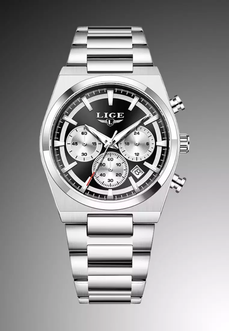 Chronograph Unisex Silver Color Alloy Quartz Watch 41mm, Stainless Steel Bracelet