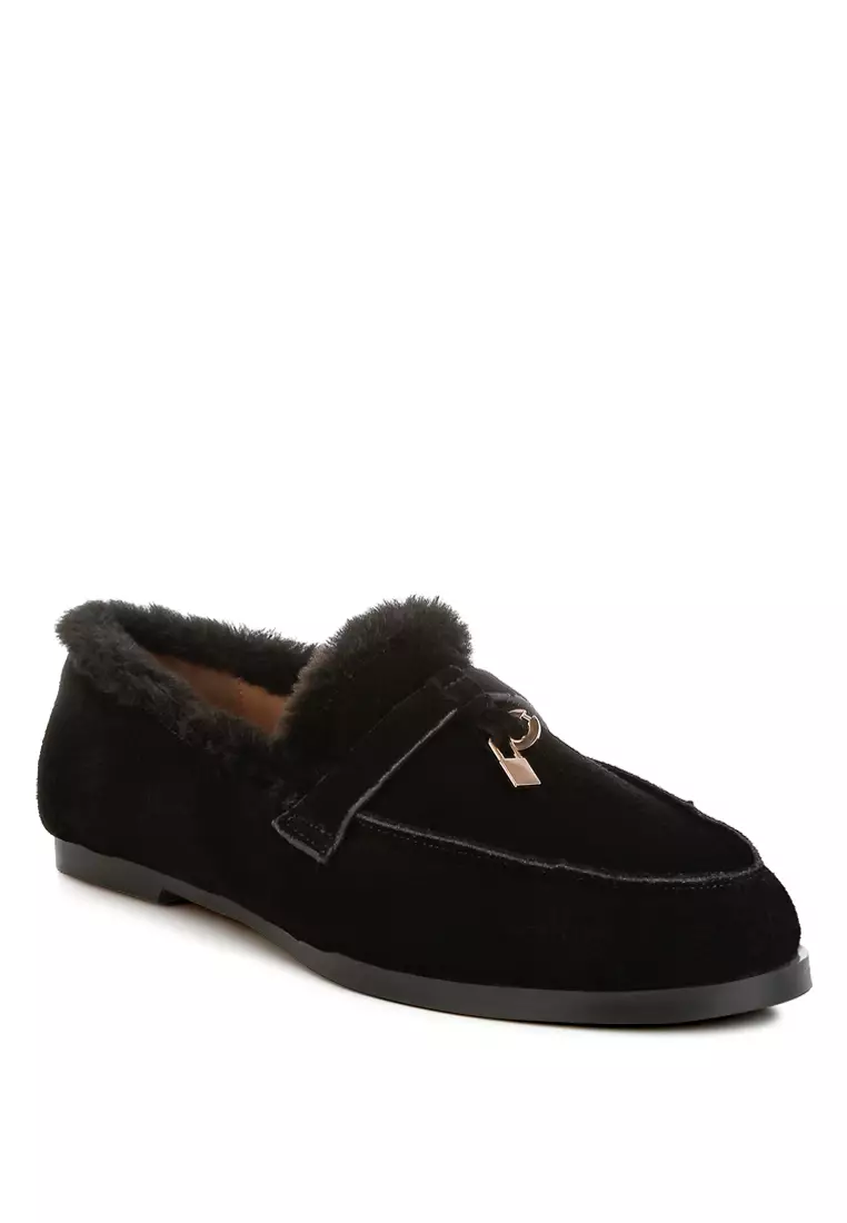 Suede & Faux Fur Flat Loafers In Black