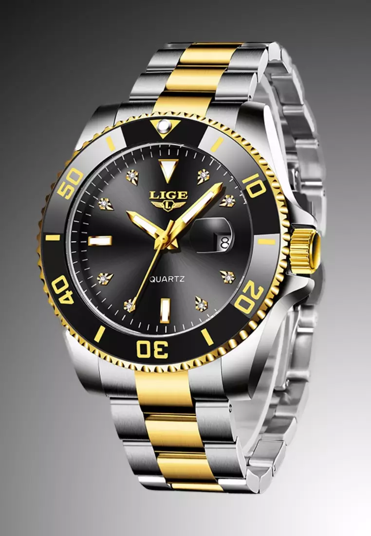 Unisex Classic Diver's IP Gold Stainless Steel Quartz Watch, IP Gold Stainless Steel Bracelet