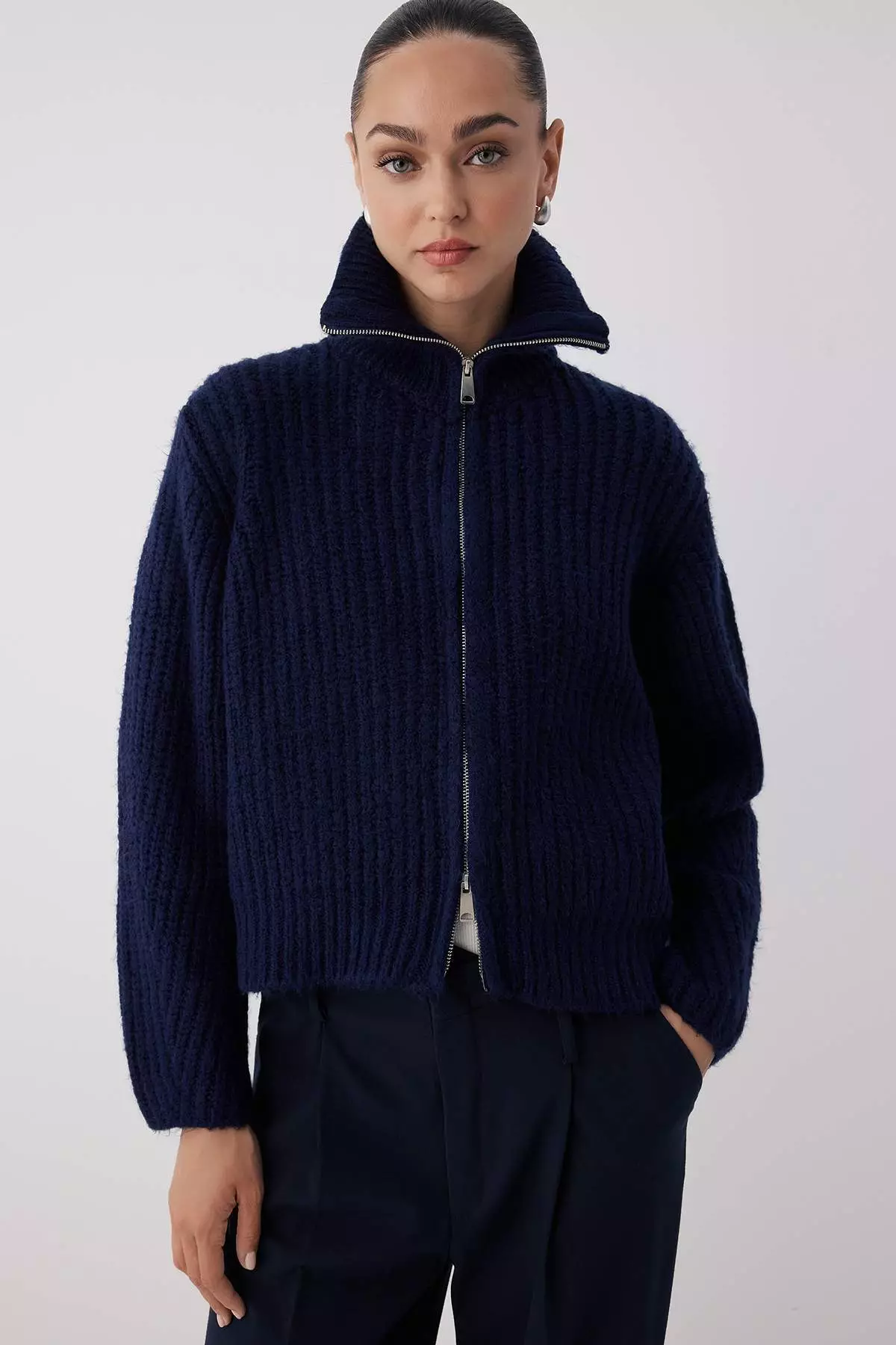 Navy Blue Zipper Detailed Soft Textured Wide Fit Turn Down Collar Knitwear Cardigan