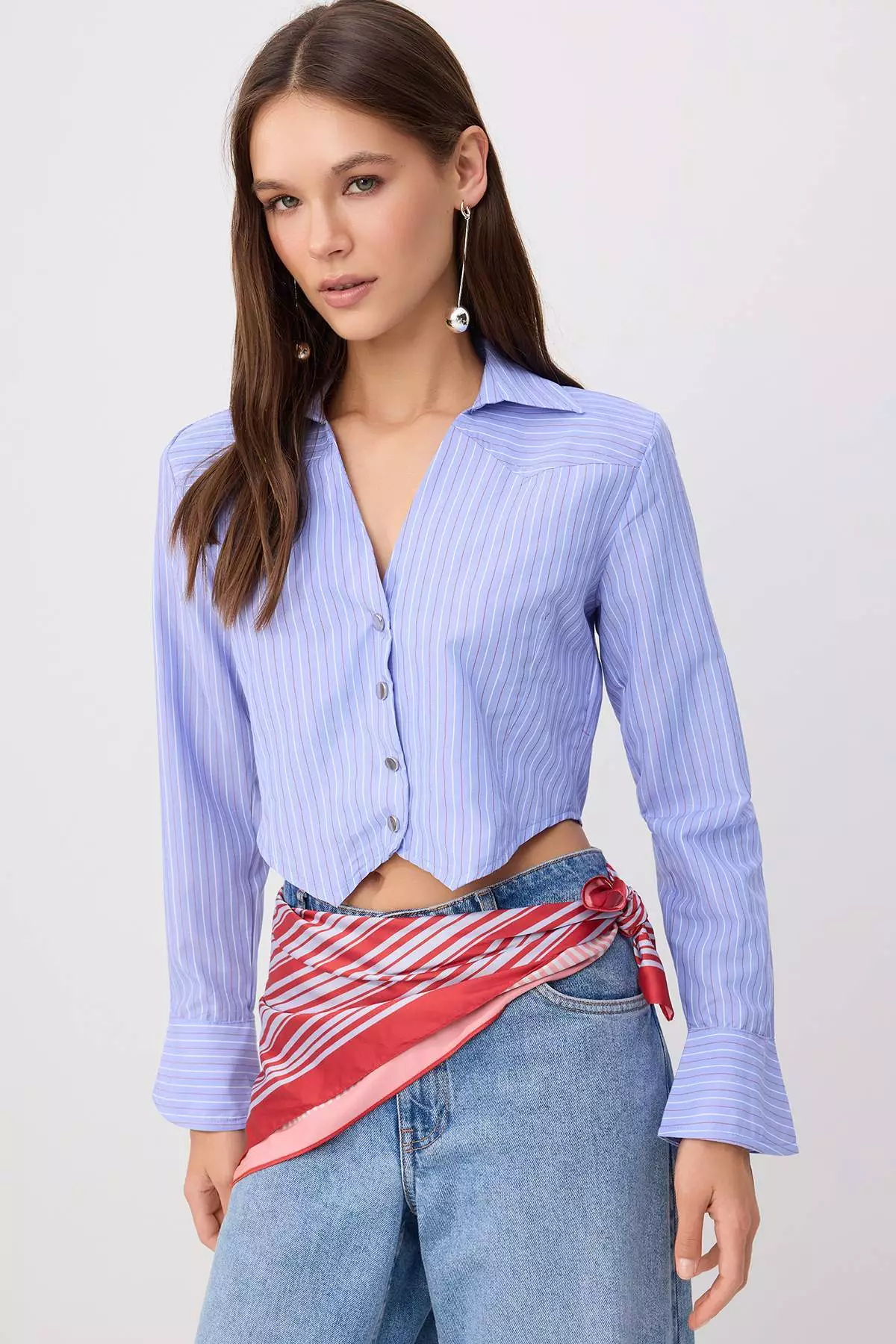Blue-Multicolor Striped Mini Plaid Fitted Crop Shirt Twoss26Go00150