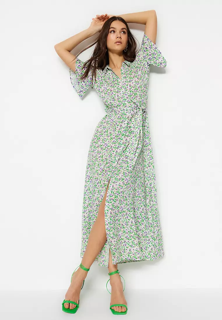 Belted Midi Print Shirt Dress