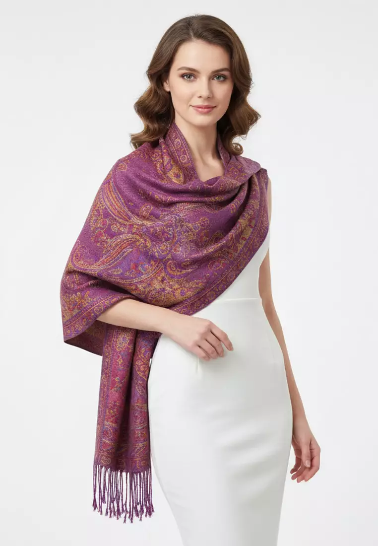 Aksesoris Wanita Reversible Viscose Full Paisley Pattern Pashmina Shawl Syal Wanita Lavender Gold