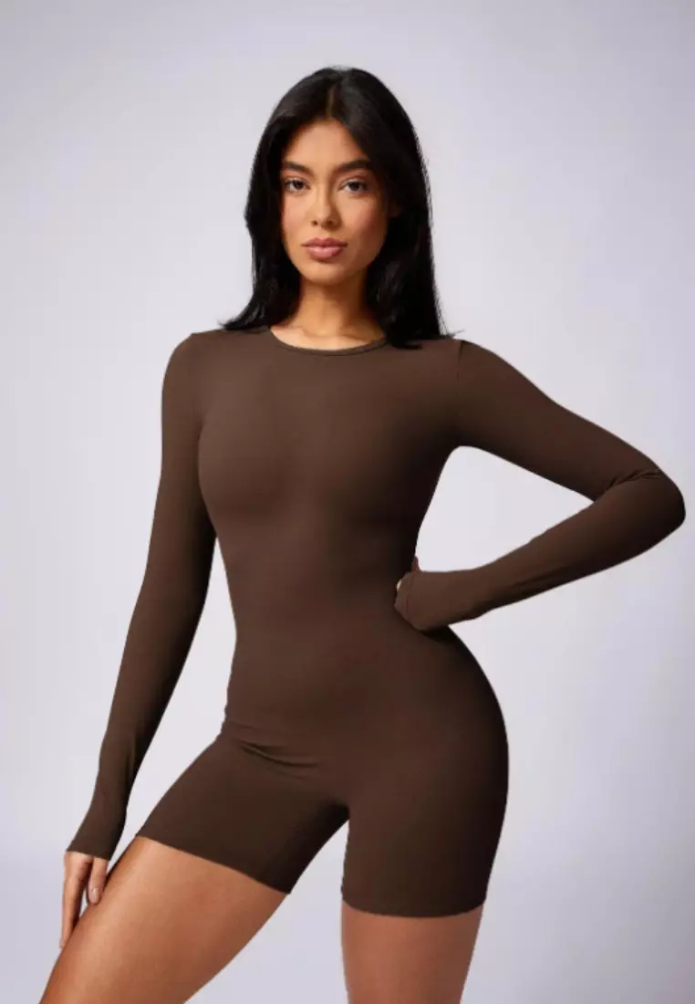 Bareback Romper – Open Back Long Sleeve Seamless Comfort Women Sculpting Fit Ultra-Stretch