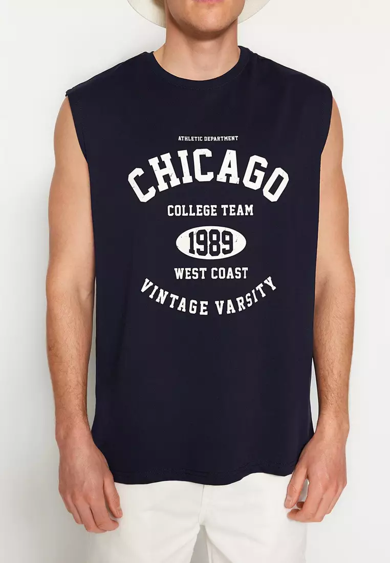 Navy Blue Oversize/Wide Cut Sleeveless Chicago Print Plus Size Tank Top TMNSS25CV00001