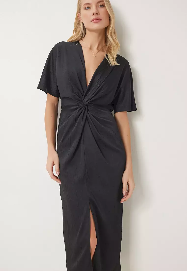 Crinkle Effect Knotted Midi Dress