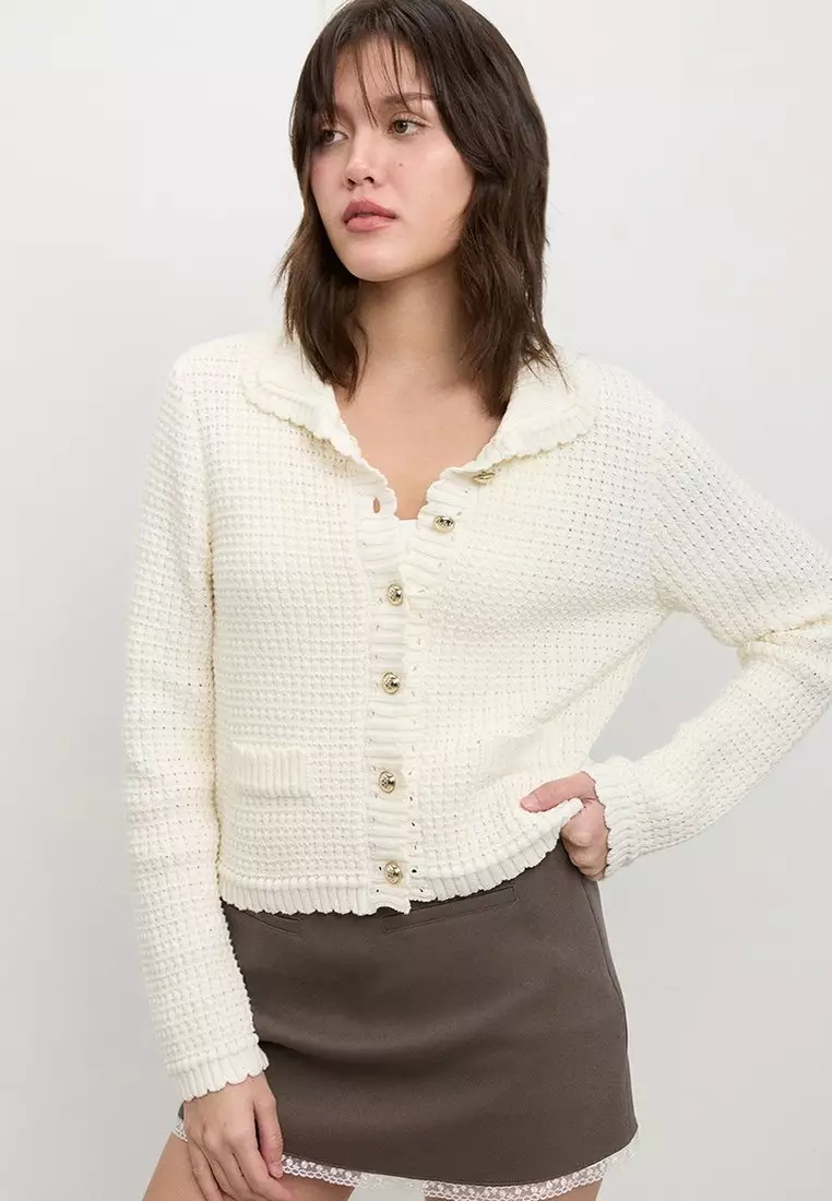 Waffle-Knit Collared Cardigan - Ivory