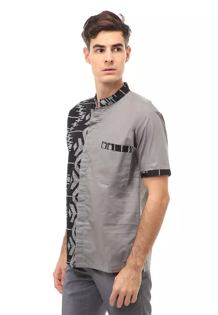 Dwan Atasan Formal Pria Kemeja Koko Batik Lengan Pendek Material Cotton ORIGINAL - Gray