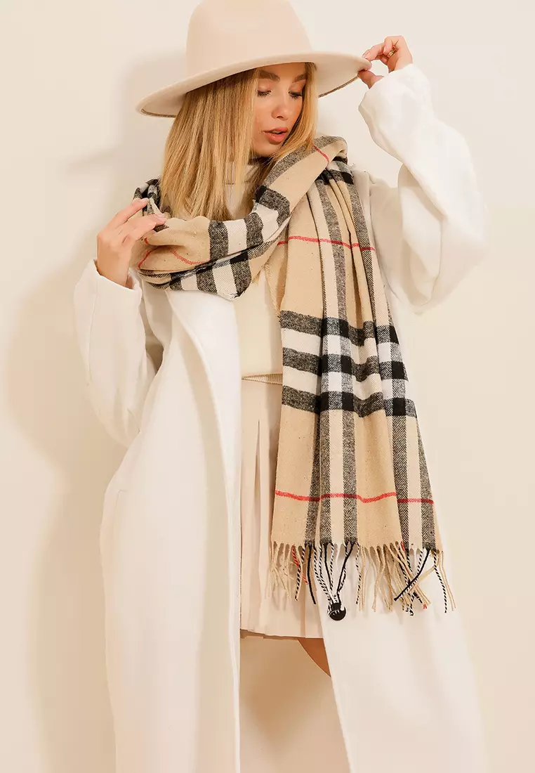 Women's Beige Checked Shawl Alc-X11152