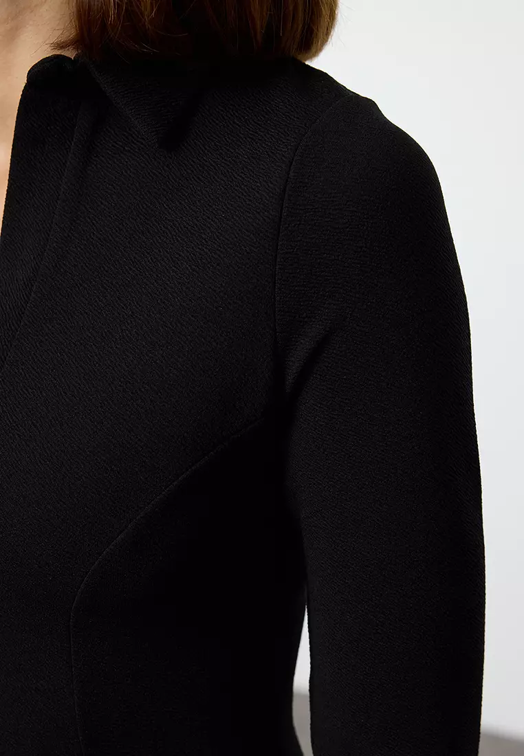 Black Polo Neck Skater/Waist Open Mini Knit Dress