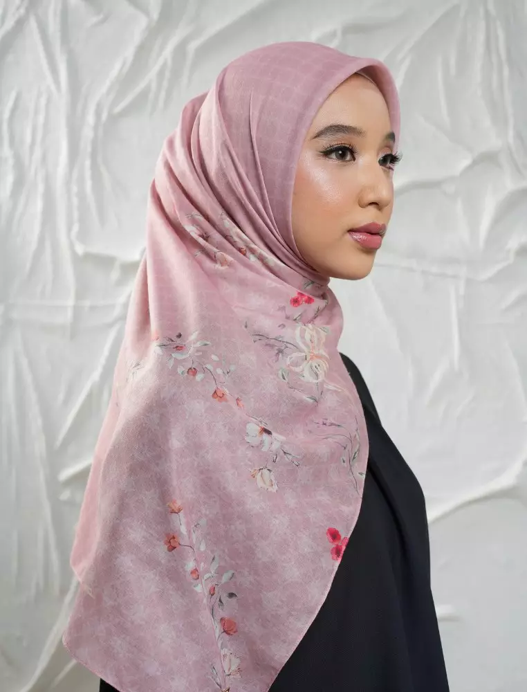 FLEUR Scarf Rose Tan - Kerudung Hijab Segiempat Motif With BOX - Bahan Nesla - Ukuran 115x115