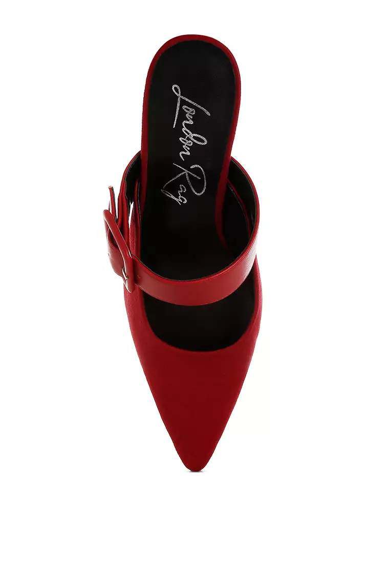Microfiber Pointy Slip-On Mules in Red