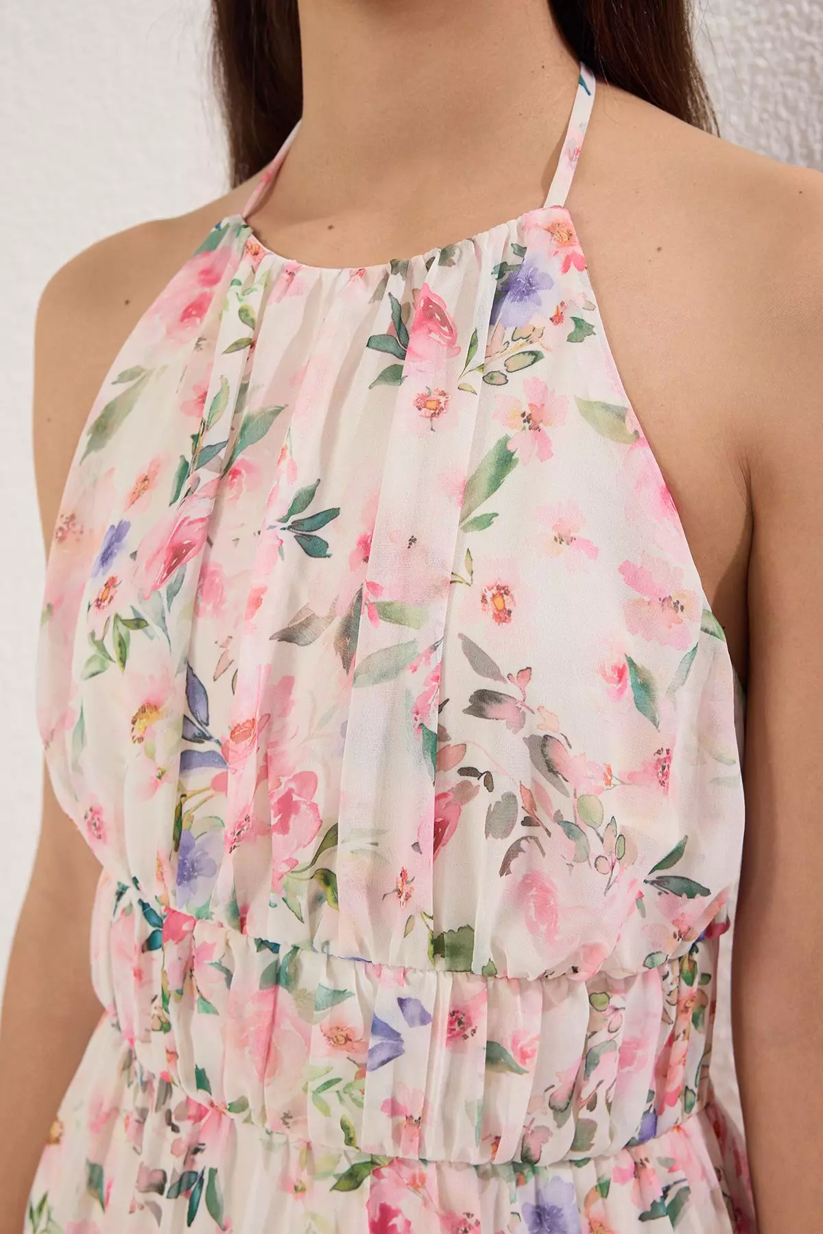 Pink Patterned Mini Woven Dress with Opening Waist Skirt TWOSS25EL00415