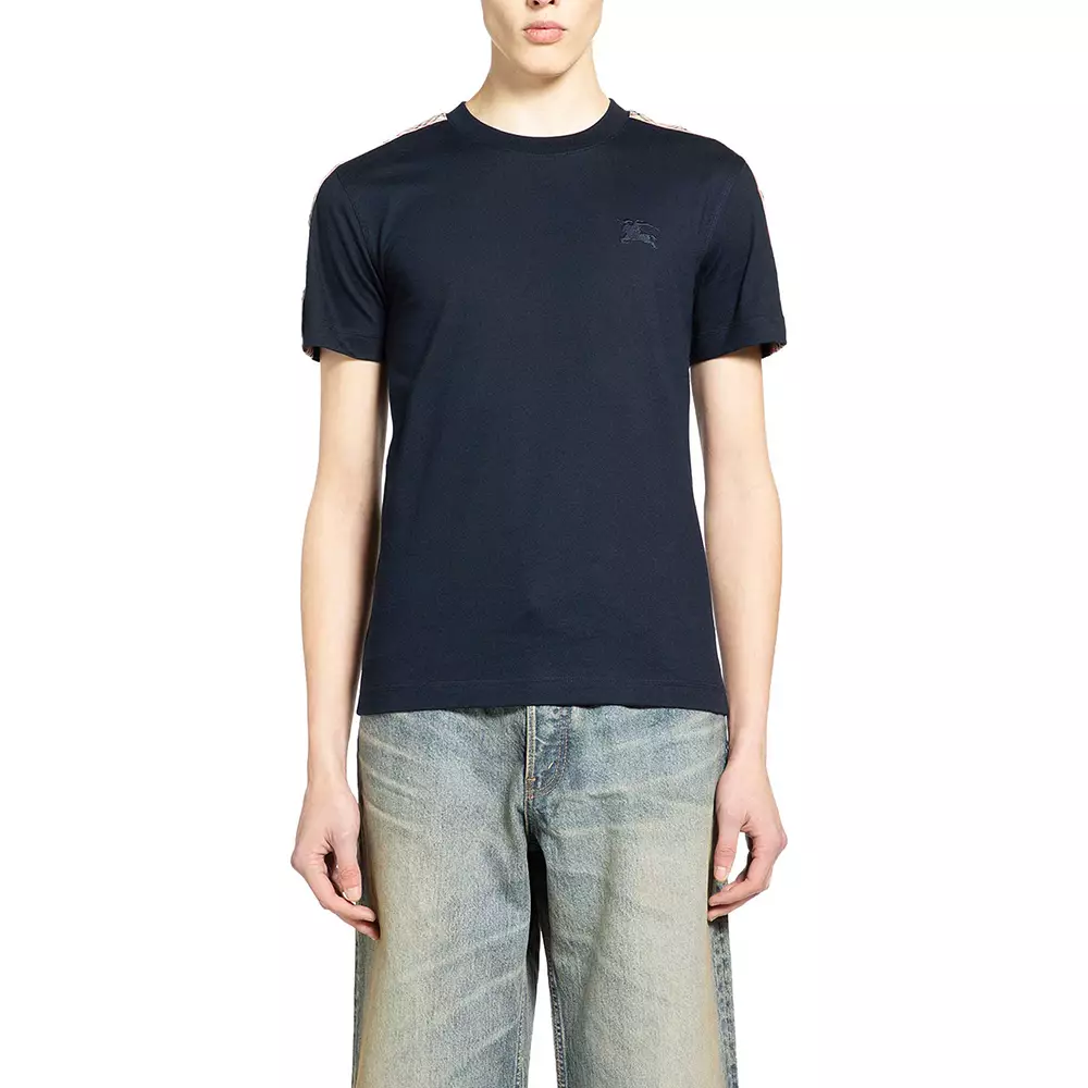 Check Trim Cotton T-Shirt Navy