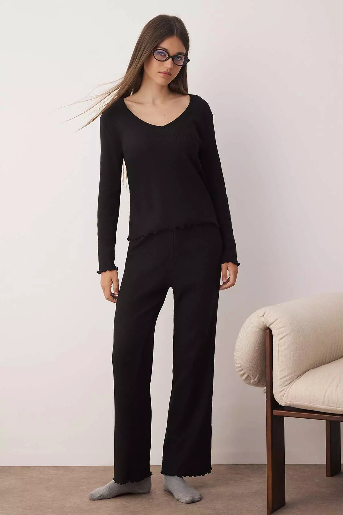 Black V-Neck Baby Overlock Soft Touch Brushed Winter Ribbed Knitted Pajama Set