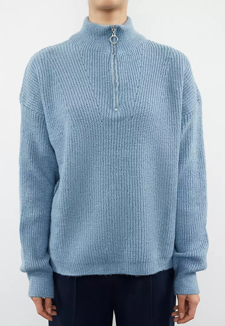 Knitwear Sweater With Dark Blue Soft Texture Zipper