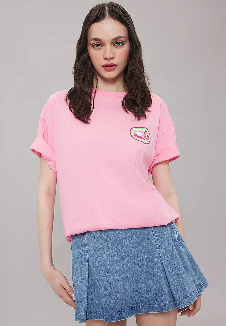 Light Pink Oversize/Wide Pattern Front Back Printed Knitted T-Shirt