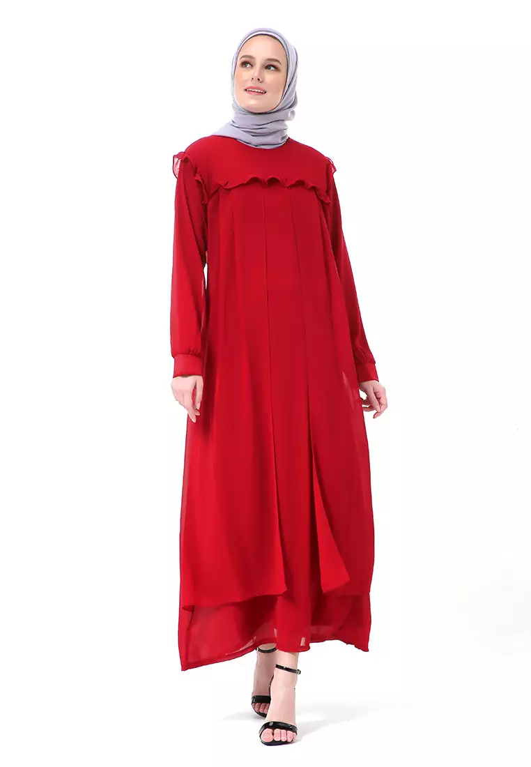 Syabrina Gamis Maxy Design Renda Fashion Muslimah Wanita High Quality - Maroon