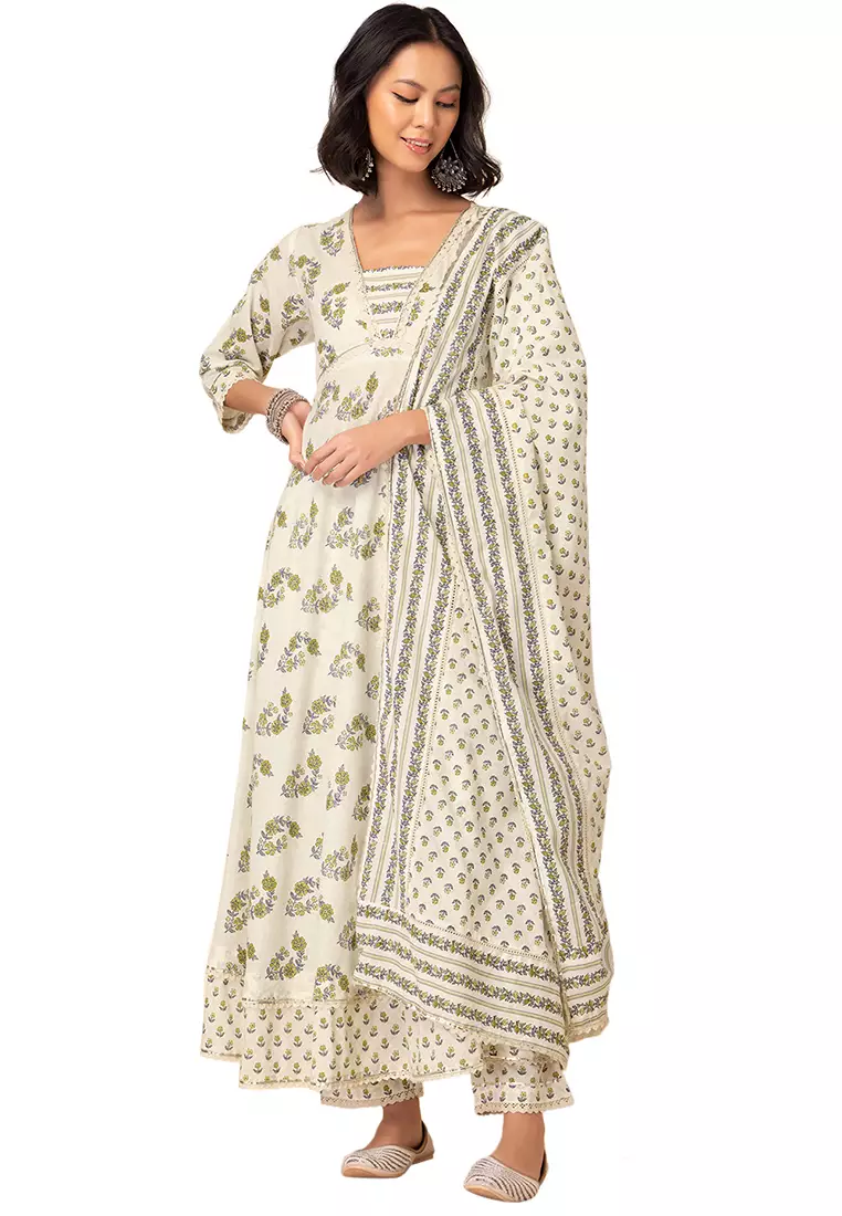 Paisley Cotton Green Floral Print Anarkali Set with Soft Net Dupatta