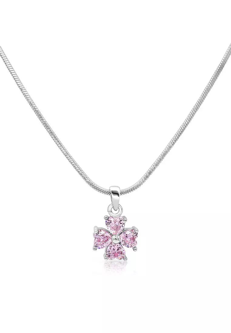 Alette Clover Pink Diamond Simulant Zirconia Pierced Stud Earrings with Pendant Chain Necklace Jewelry Gift Set