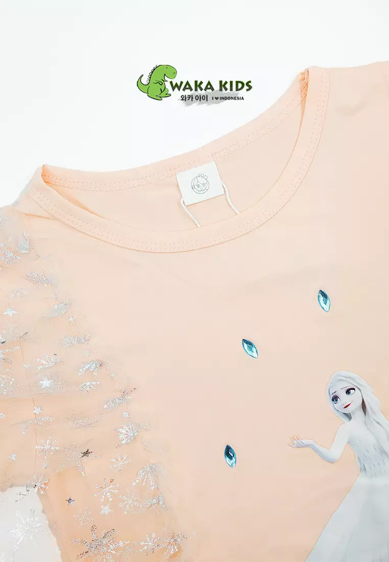 Wakakids Dress Anak Perempuan Lengan Pendek Rumbai Daster Karakter Motif Elsa Frozen 4490 Venrz Pink Peach