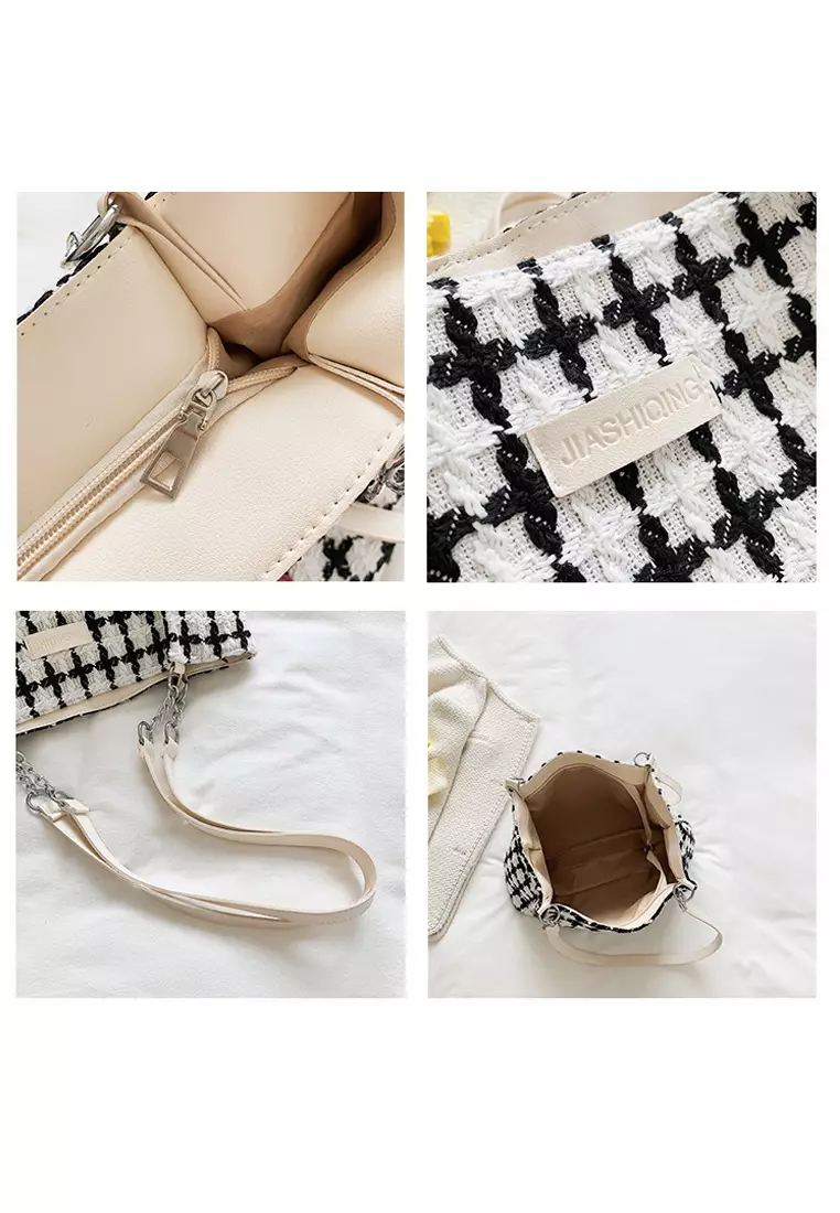 Wakakids Tas Wanita Bahu Shoulder Bag Tote Bag Bahan Kain Tweed Plaid Pattern Venrc Hitam