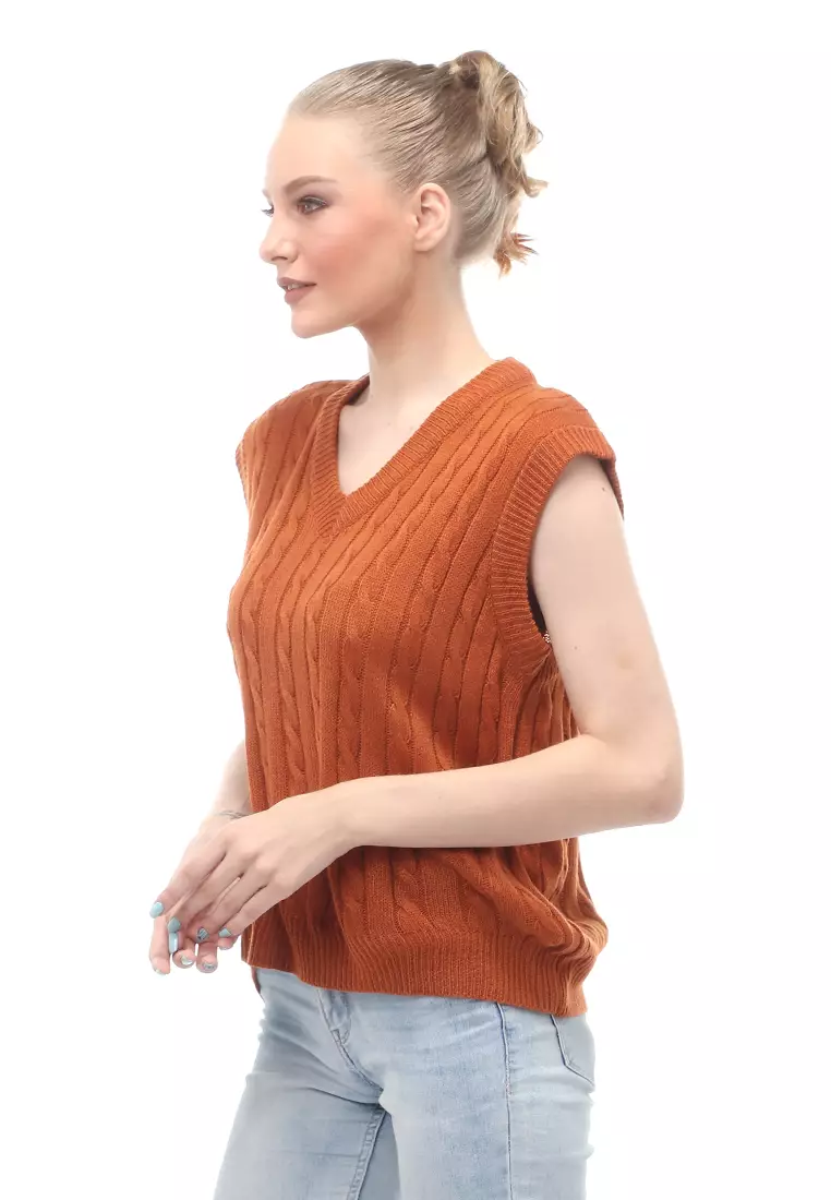 Urice Vest Rajut Atasan Wanita V-neck Sleeves Design Elegant - Coral