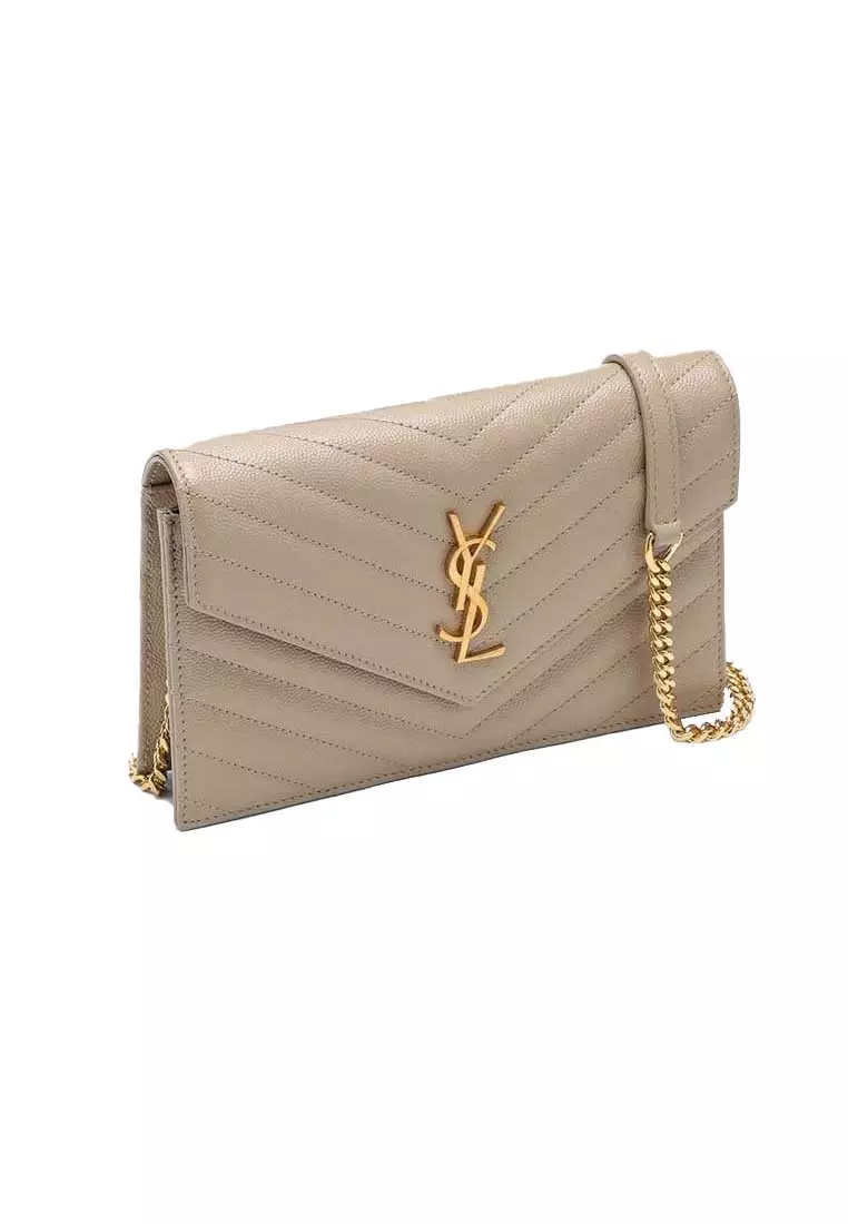 YSL Matelasse Envelope Chain Wallet In Grain De Poudre Embossed Leather Dark Beige/Gold 742920BOW01