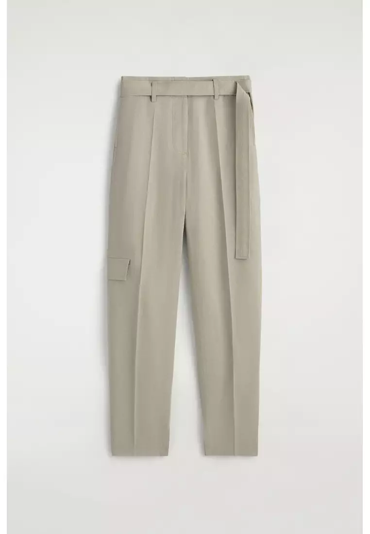 BELTED LINEN BARREL-LEG TROUSERS