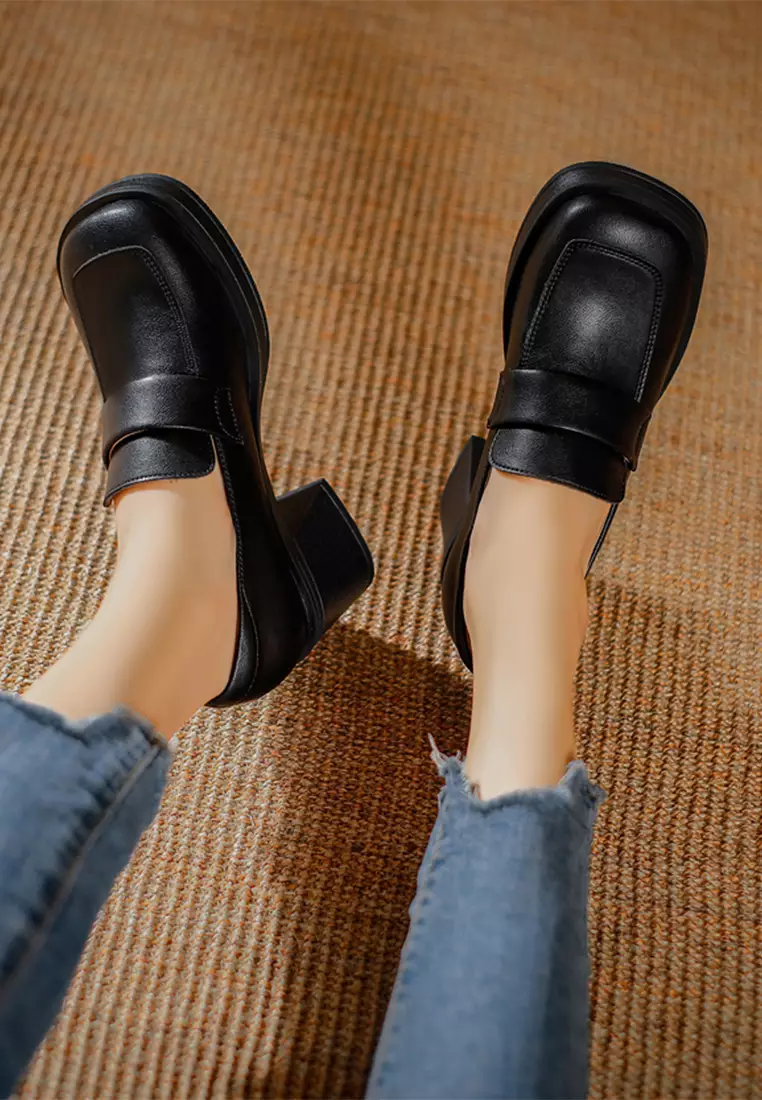 6.5CM Block Heel Leather Loafers TE812-1