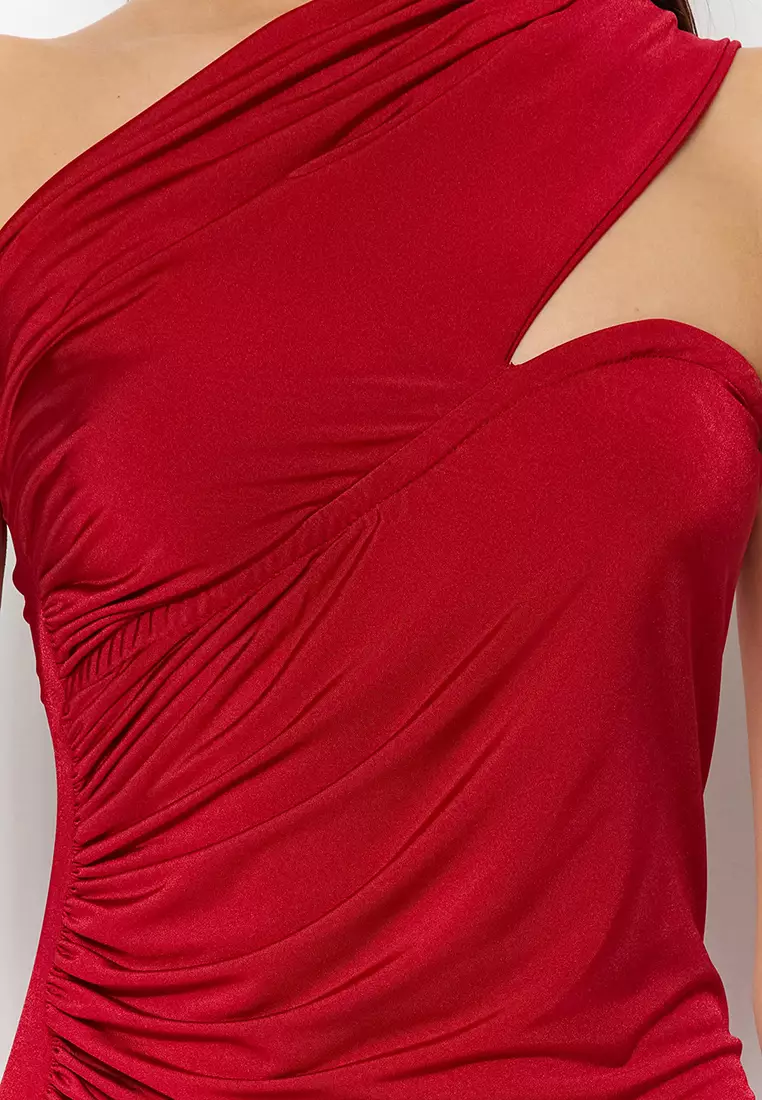 Asymmetrical Ruched Evening Maxi Dress