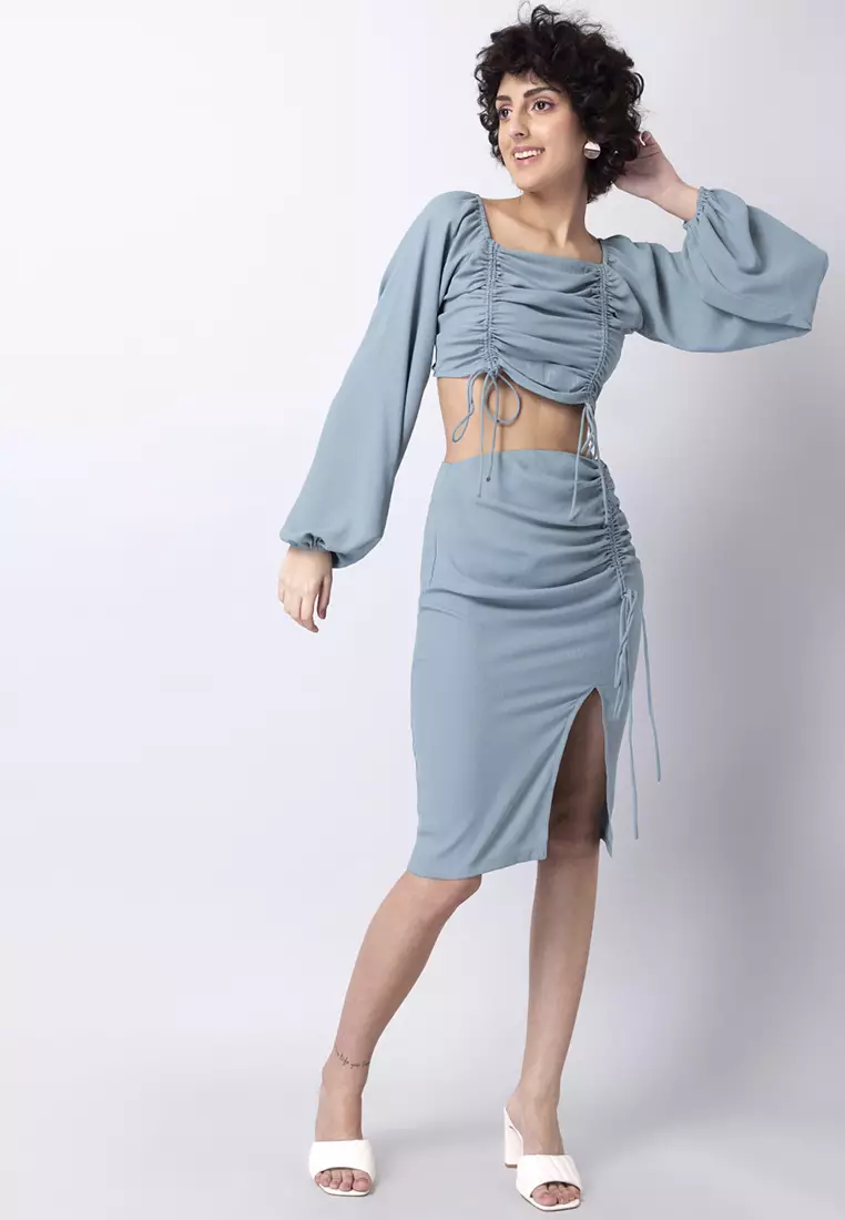 Blue Ruched Crop Top and Slit Skirt Co-ord Set
