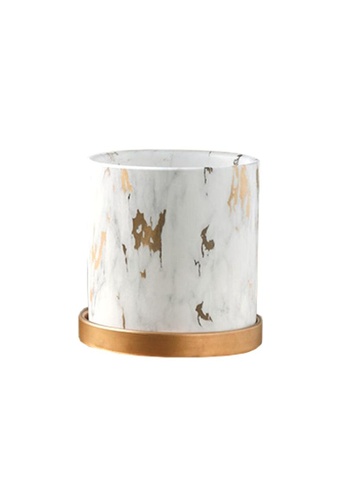 DILAS HOME Gold x Marble Effect Plant Pot with Tray - Large FDAFCHL6DA86F2GS_1