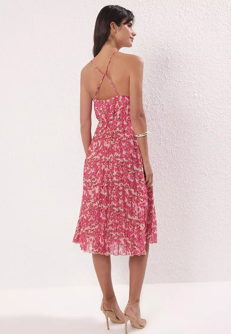 Pink Skirt Waist Open Floral Pleated Midi Woven Dress Twoss25El00581