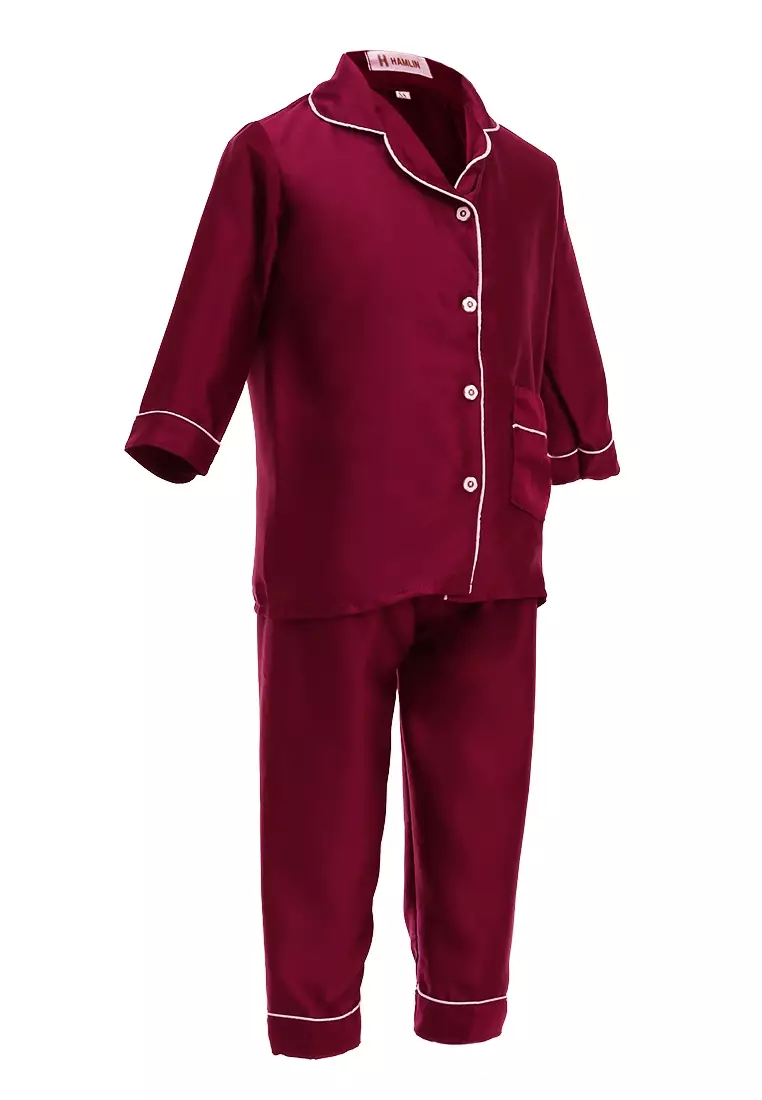 Joyce Piyama Anak Unisex Lengan Panjang Kids Pajamas Motif Polos Material Satin ORIGINAL - Maroon