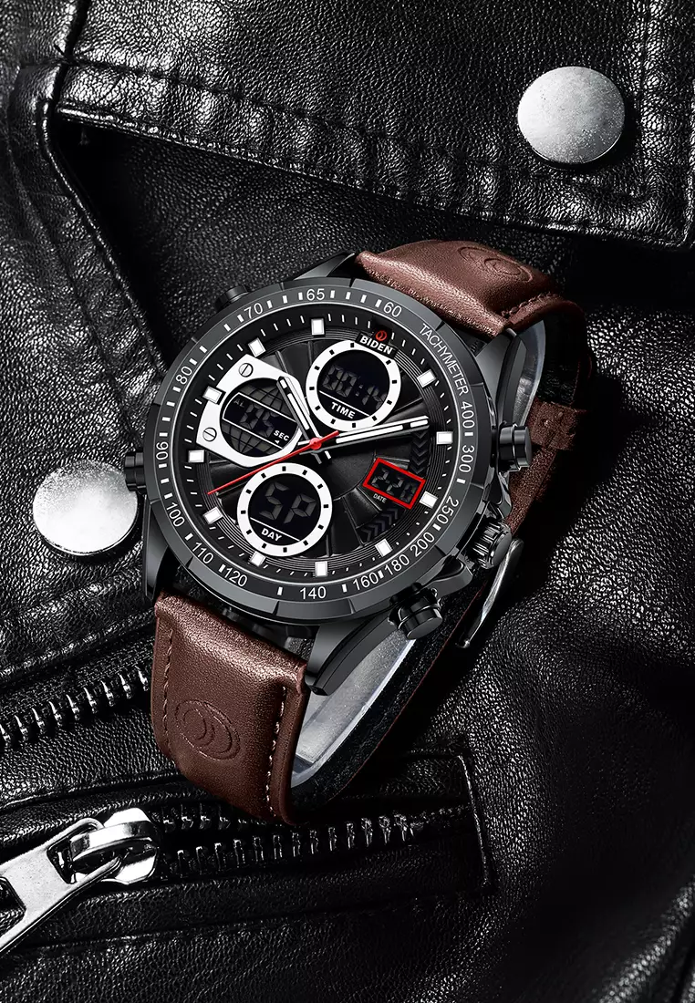 Jam Tangan Pria Original Multifungsi Analog&Digital Tali Kulit Olahraga Anti Air Jam Tangan Cowok Brownblack