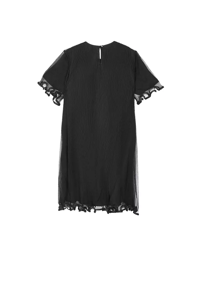 【轻礼服】混纺网纱A型压褶短袖连衣裙