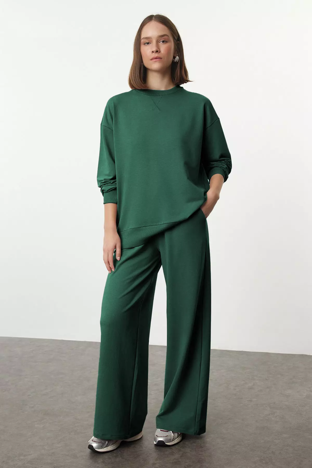 Buy Trendyol Emerald Green Wide Leg Knitted Sweatshirt And Bottom