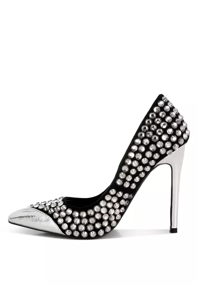 Pompa Stiletto Berhiasan Diamante Berwarna Hitam
