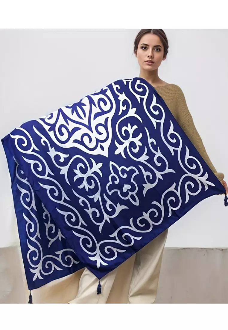 Aksesoris Wanita Boho Style Pattern Tassels Viscose Shawl Syal Wanita Blue
