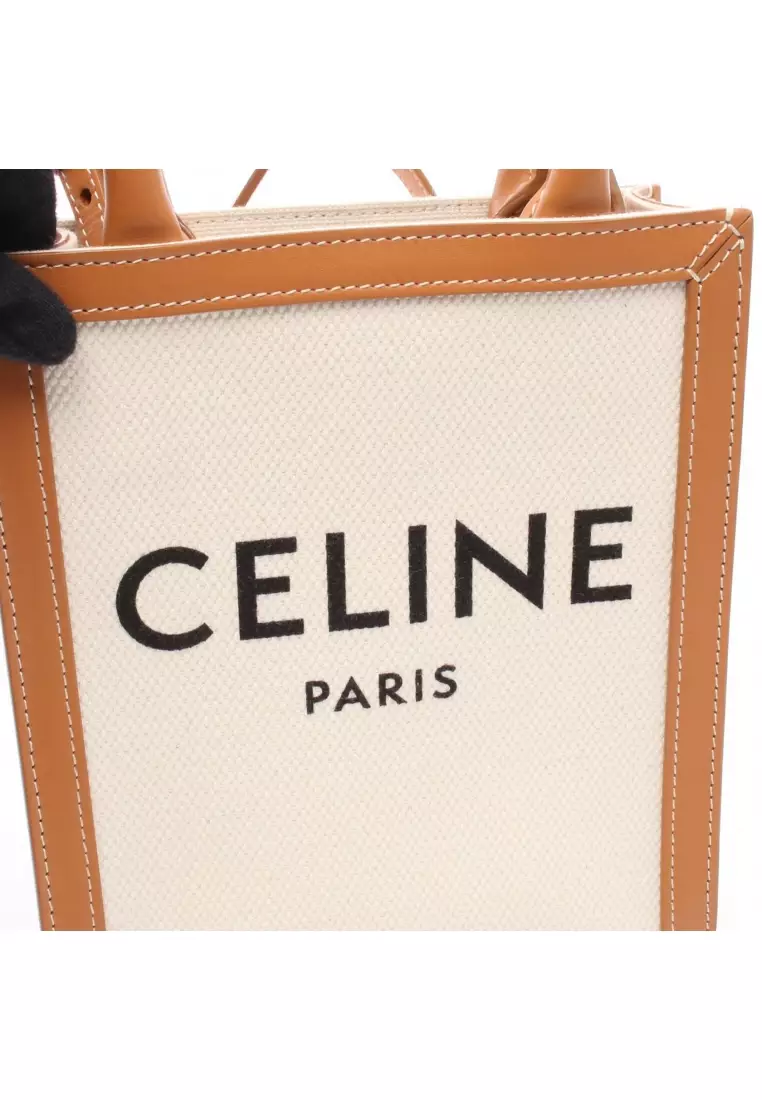 Pre-Loved Celine mini Vertical Cabas Handbag canvas leather ivory light brown 2WAY