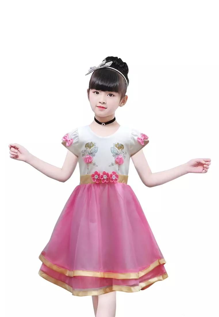 Two Mix Dress Anak Pesta Perempuan Cantik usia 1-12 Tahun Bahan Kaos Scuba dan Satin 4213 PINK