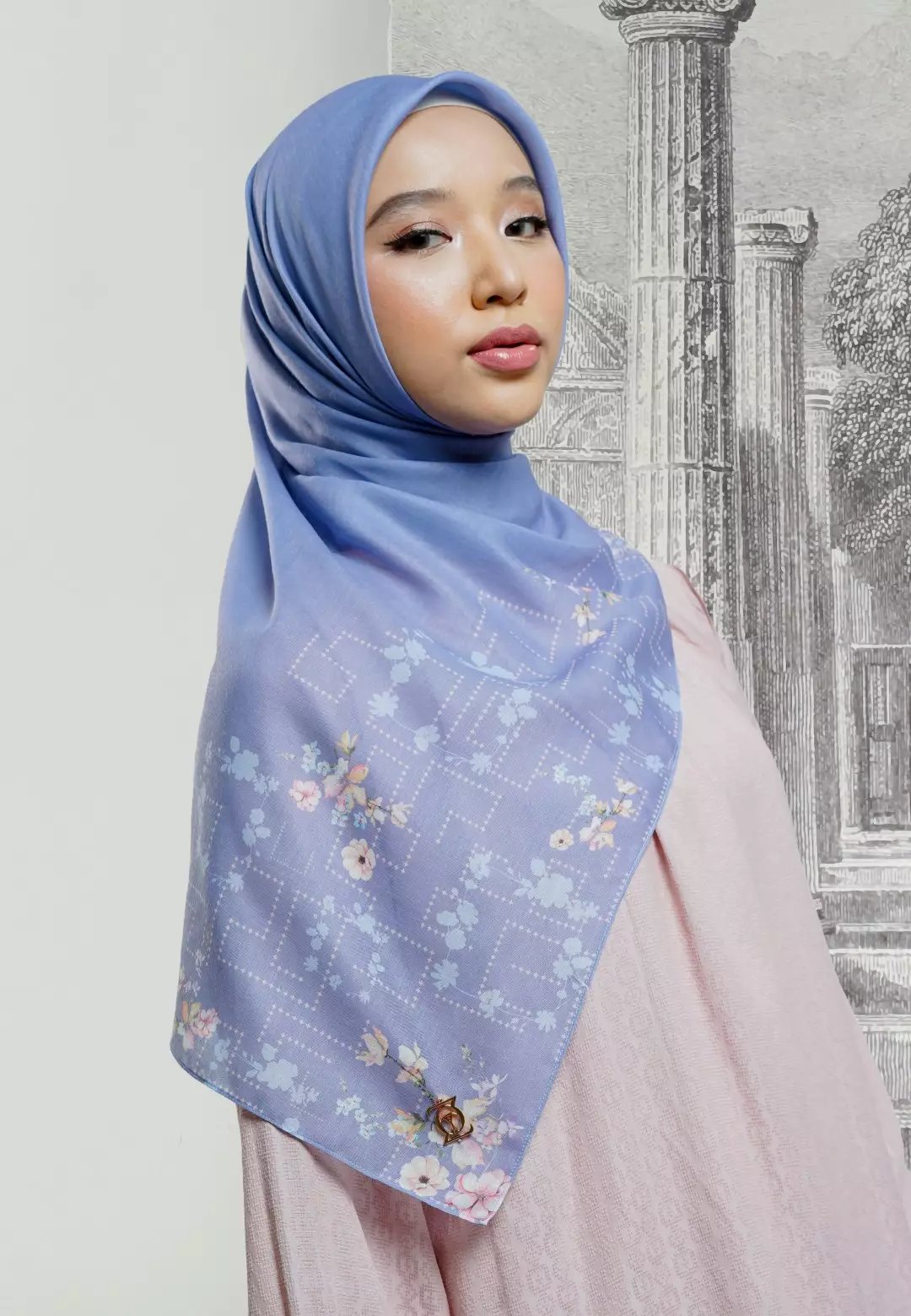 VIOLA Scarf Powder Blue - Kerudung Hijab Segiempat Motif With BOX - Bahan Nesla - Ukuran 115x115